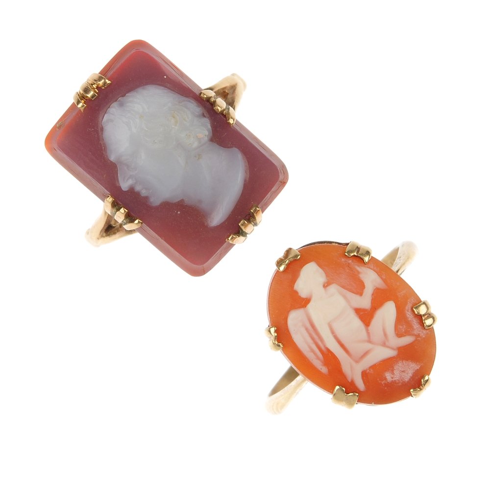 A selection of three rings.: A selection of three rings. To include a mid 20th century 9ct gold hardstone cameo brooch depicting the side profile of a gentleman, a shell cameo ring and a 9ct gold oval-shape amethyst ring. One wit