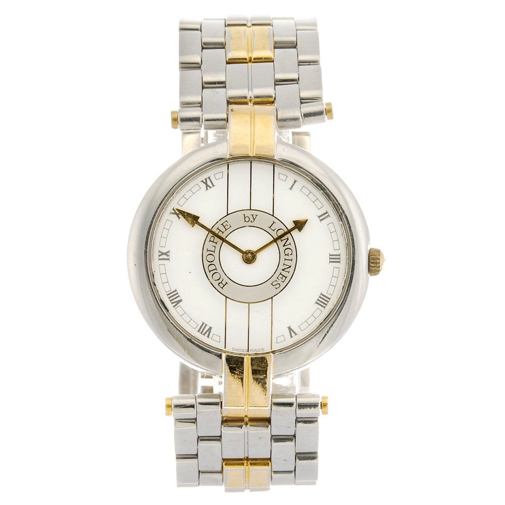A bi-colour quartz gentleman's Longines bracelet watch.: LONGINES - a bi-colour quartz gentleman's Rodolphe by Longines bracelet watch, the white dial with Roman numerals, round case fitted to a bi-colour bracelet with clasp. Case diameter 33mm.