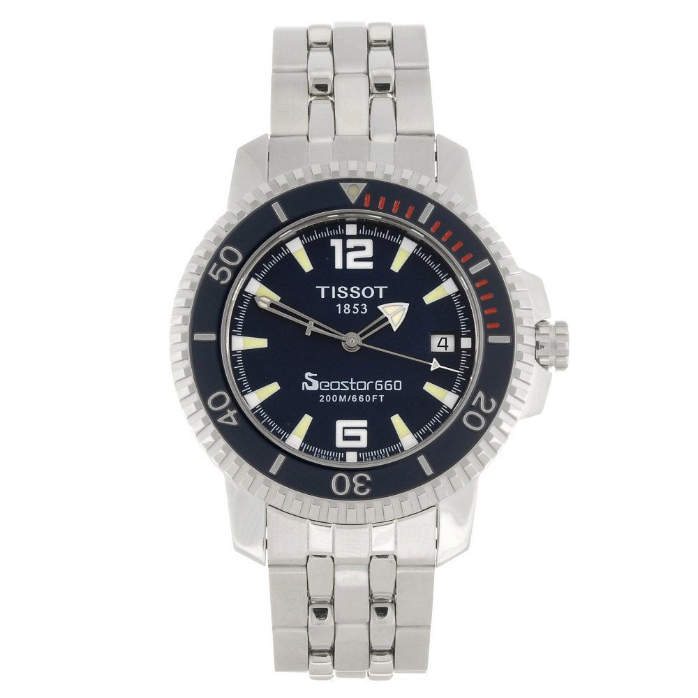 A stainless steel quartz gentleman's Tissot Seastar 660: TISSOT - a stainless steel quartz gentleman's Seastar 660 bracelet watch, the blue dial with luminous hour markers, Arabic six and twelve, date aperture set to three o'clock, calibrated bezel, round c