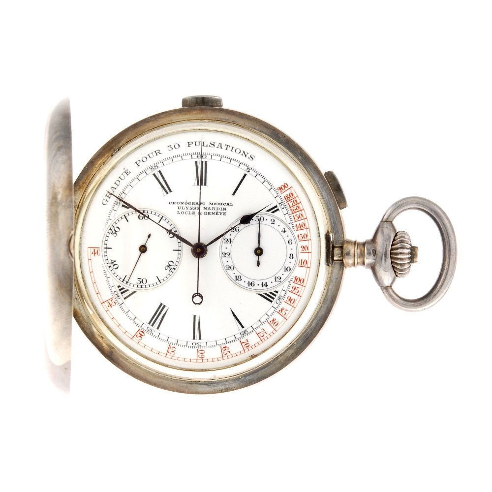 A continental white metal keyless wind full hunter medi: A continental white metal keyless wind full hunter split seconds "chronografo medical" signed Ulysse Nardin, the white enamel dial with black Roman numeral hour markers, sunken subsidiary minute and s