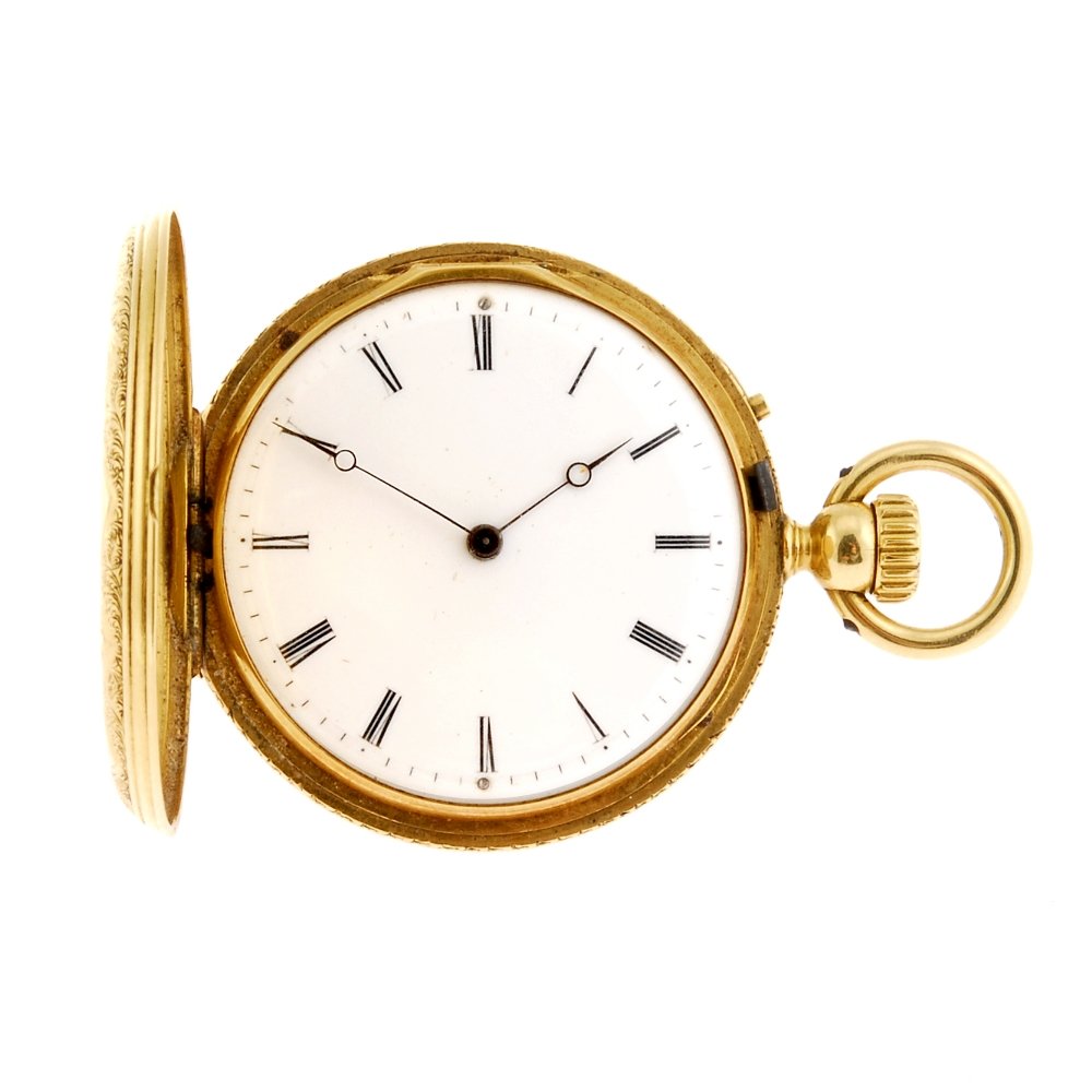 An 18k gold keyless wind full hunter fob watch by Julio: An 18k gold keyless wind full hunter fob watch by Julio Boulte, the white dial with hourly applied black markers, bordered by a minute track, ornately decorated round case with a vacant cartouche to f
