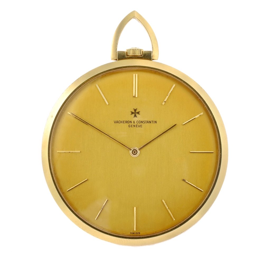 An 18k gold keyless wind open face pocket watch signed : An 18k gold keyless wind open face pocket watch signed Vacheron Constantin, the champagne tone dial with hourly applied batons, round case stamped 18k 750 with poincon, numbered 530652 and 59003, fitt