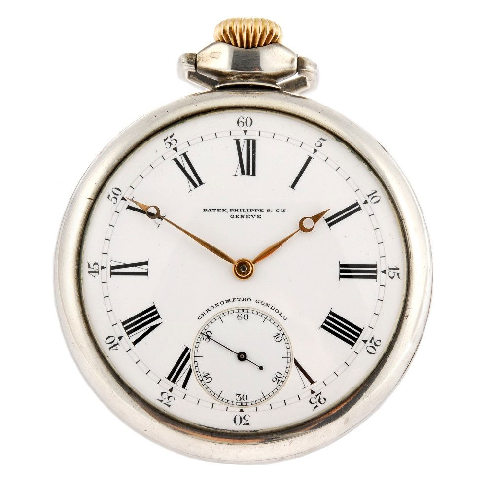 A continental keyless wind open face pocket watch signe: A continental white metal keyless wind open face Gondolo pocket watch signed Patek Philippe & Cie, the white dial with hourly applied Roman numerals, bordered by a minute track with Arabic divisions,