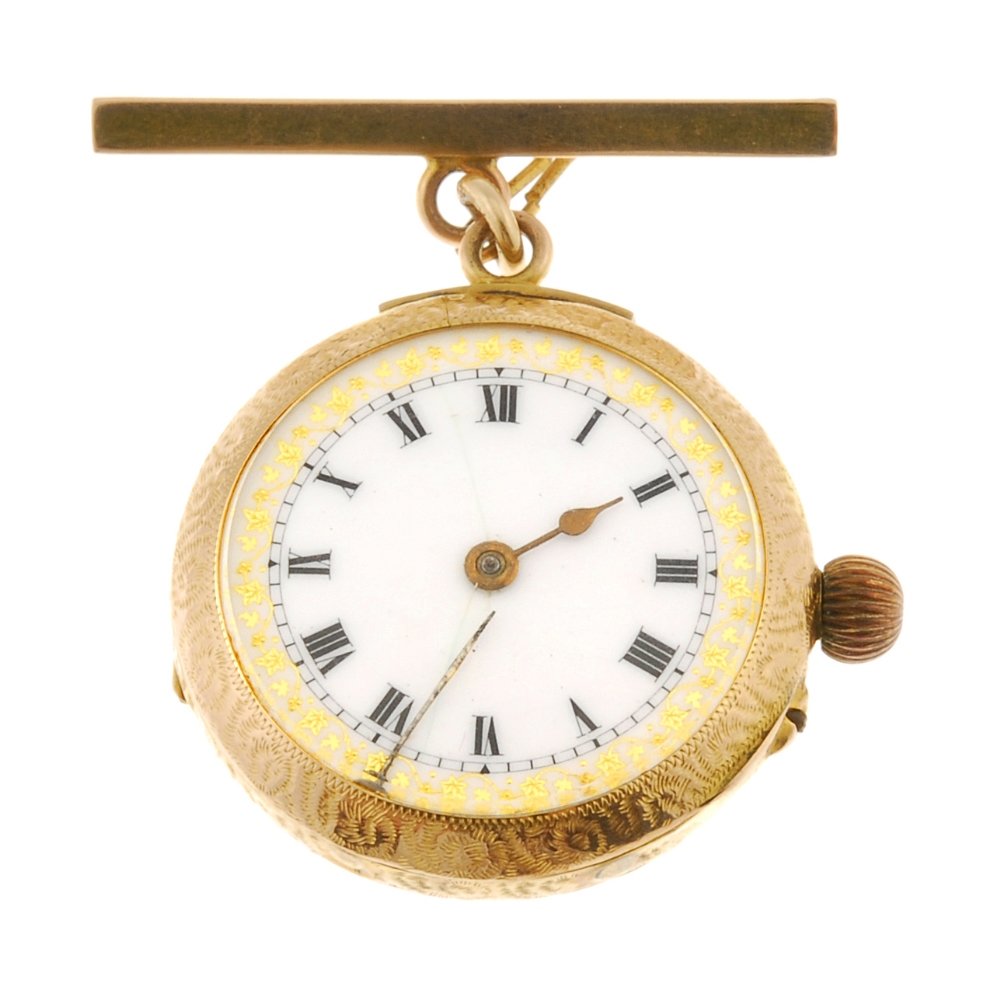 A 9ct gold keyless wind watch fob.: A 9ct gold keyless wind open face fob watch, the white enamel dial with black Roman numerals, bordered by a minute track, round case with floral engraving and vacant cartouche to rear, Swiss bar movem