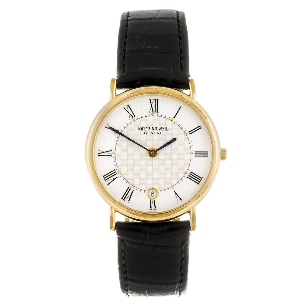 A gold plated quartz gentleman's Raymond Weil wrist: RAYMOND WEIL - a gold plated quartz gentleman's wrist watch, the white dial with hourly applied Roman numerals, central chequered pattern, date aperture to six o'clock, circular shaped case, numbered 