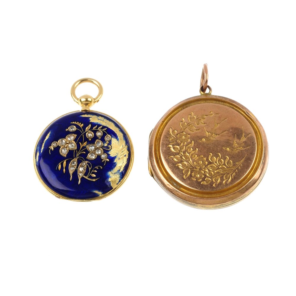 Two early 20th century lockets.: Two early 20th century lockets. To include a rose-cut diamond blue enamel foliate locket, together with a circular-shape locket. Diameters 2.3 to 2cms. Total weight 9.4gms.
