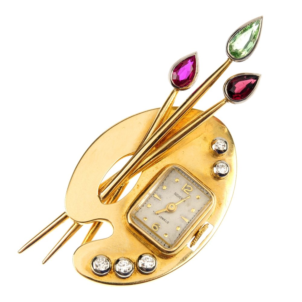 BUCHERER - a 1950s 18ct gold diamond and gem-set watch: BUCHERER - a 1950s 18ct gold diamond and gem-set watch brooch. The rectangular-shape white dial with dot markers, to the palette with brilliant-cut diamond highlights and stylised paintbrushes with pe