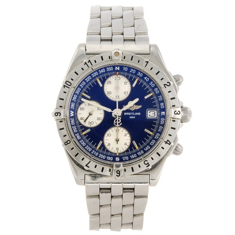 (104999736) A stainless steel automatic gentleman's: (104999736) BREITLING - a stainless steel automatic chronograph gentleman's Windrider Chronomat Longitude bracelet watch, the blue dial with hourly applied silvered markers, date aperture set to three