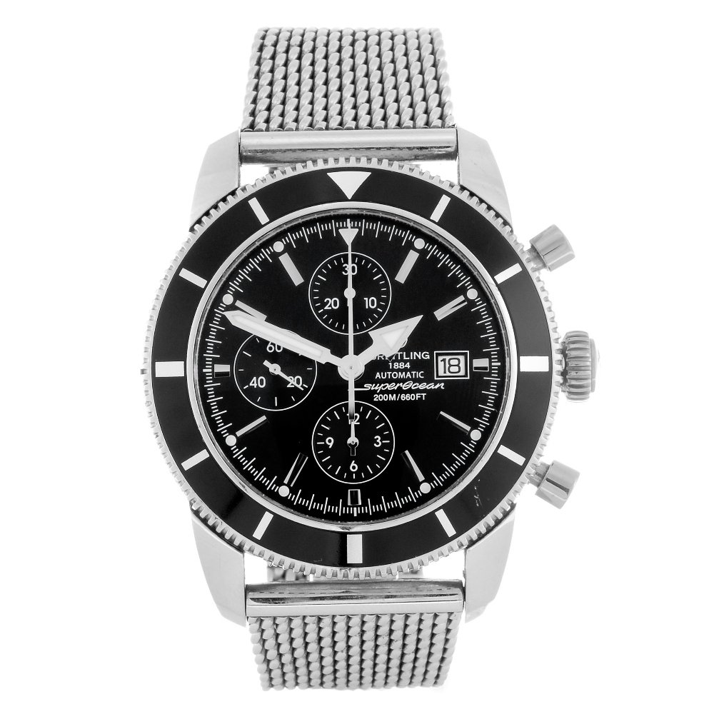 (408017890) A stainless steel automatic gentleman's: (408017890) BREITLING - a stainless steel automatic chronograph gentleman's Aeromarine Superocean Heritage Chrono 46 bracelet watch, the black dial with hourly applied silvered batons, date aperture t