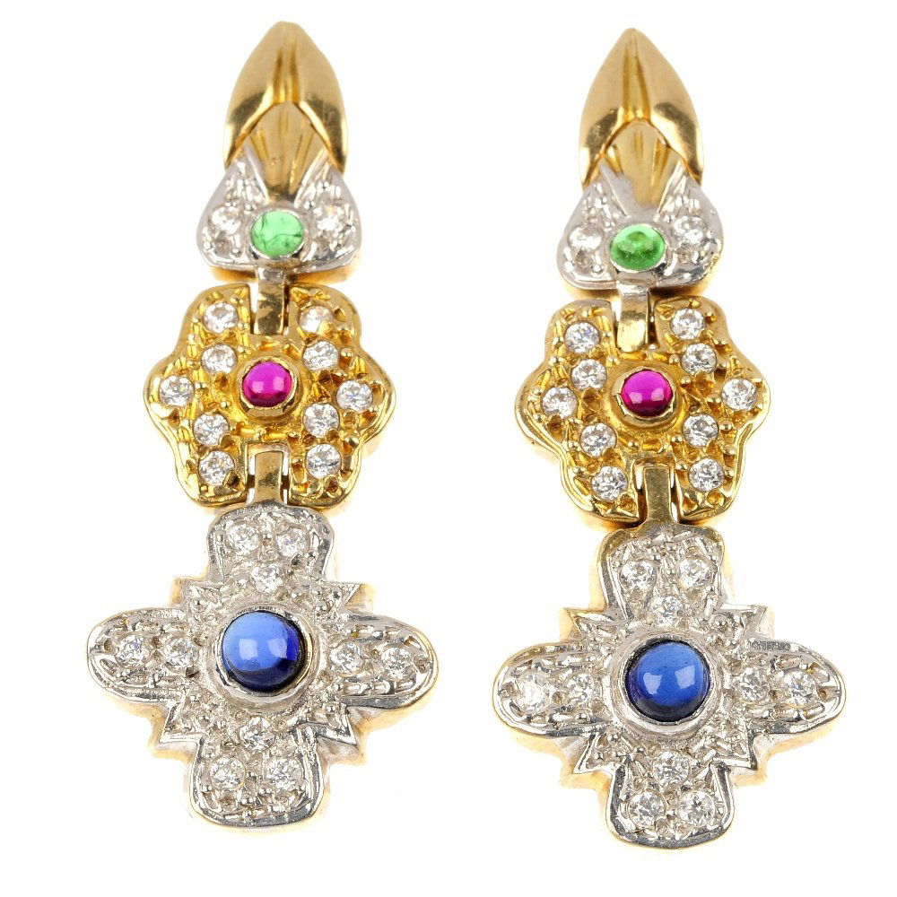 A pair of sapphire, ruby, emerald and cubic zirconia: A pair of synthetic-gem cubic zirconia ear pendants. Each designed as a circular synthetic sapphire cabochon and cubic zirconia floral cluster, to the synthetic-gem and cubic zirconia vari-shape surmo