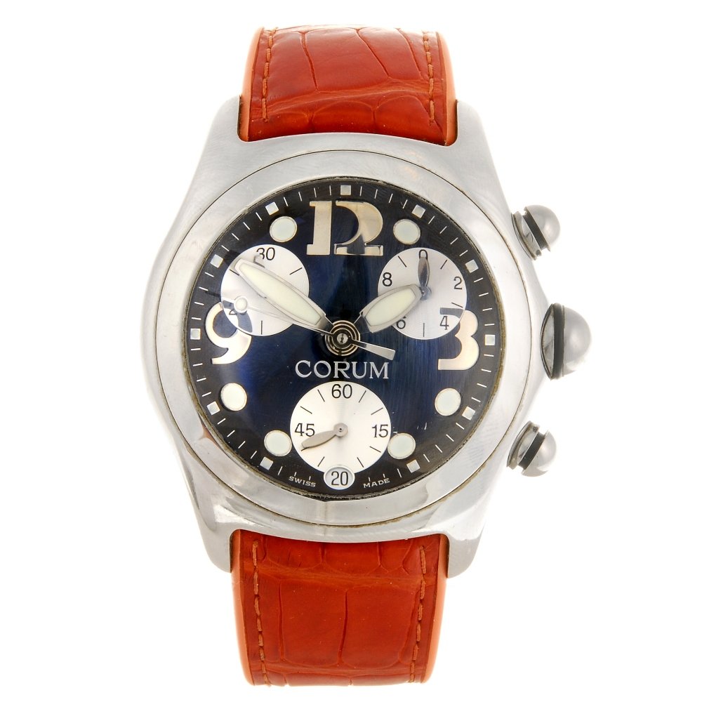 A stainless steel quartz chronograph gentleman's Corum : CORUM - a stainless steel quartz gentleman's Bubble watch, the black dial with luminous hour markers and quarterly Arabic numerals, silvered subsidiary recorder dials positioned to two, six and ten o'
