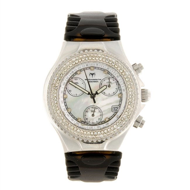 (992032611) A stainless steel quartz gentleman's Techno: (992032611) A stainless steel quartz gentleman's TechnoMarine wrist watch, the mother-of-pearl dial with white stone hour markers, date aperture set to four o'clock, subsidiary recorder dials to two,