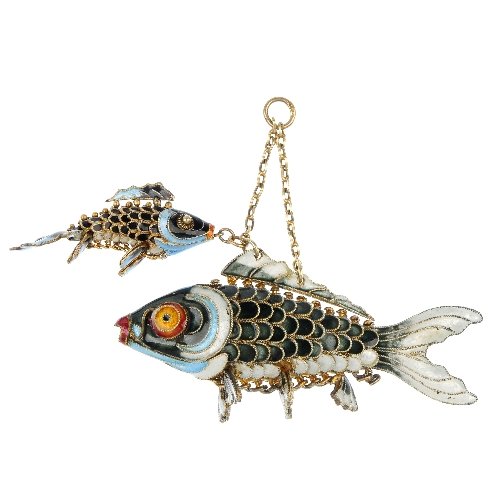 Two enamel fish.: Two enamel fish, each of articulated design, suspended from a belcher-link chain. Length of fishes 6.8 and 3.6cms. Weight 22gms.