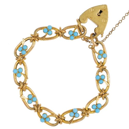 A selection of mainly early 20th century jewellery.: A selection of mainly early 20th century jewellery, to include a bracelet with turquoise set clover link detail to the heart-shape padlock clasp, two lockets and a butterfly wing brooch. (15).
