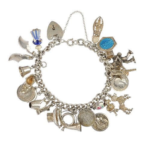 Four charm bracelets.: Four silver and white metal charm bracelets and charms, the curb-link bracelets suspending a total of thirty-nine charms, to include a piano, a top hat and an paint pallet. Most with marks to indicate
