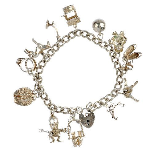 Four charm bracelets.: Four silver and white metal charm bracelets and charms, the curb-link and fancy-link bracelets suspending a total of forty-three charms, to include a fan, a barrel and a swan. Most with marks to indic