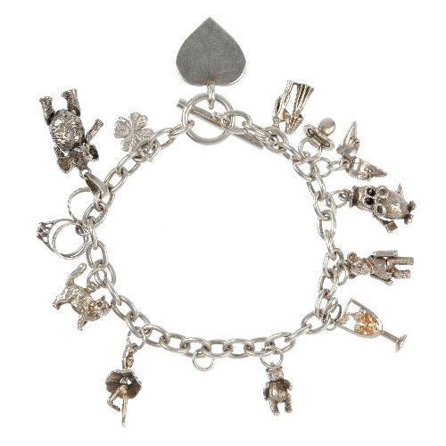 Six silver and white metal charm bracelets.: Six silver and white metal charm bracelets, the curb-link and double curb-link bracelets suspending a total of forty-one charms, to include a ballerina and a windmill, together with two loose charms.