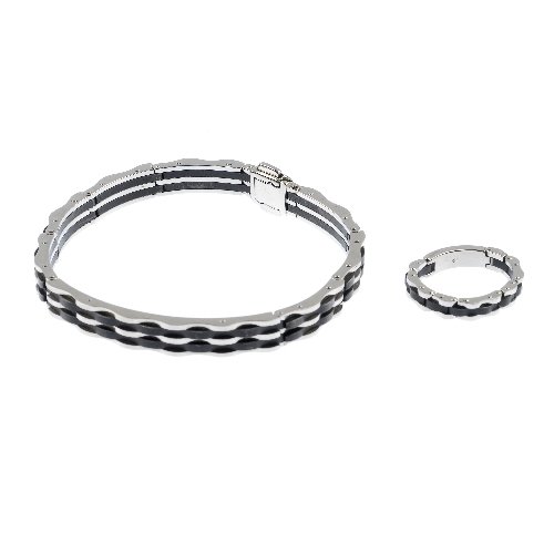 CHIMENTO - a bracelet and ring.: CHIMENTO - a bracelet and ring, each designed as a series of bicolour steel articulated panels, to the Chimento inscribed panel. Signed Chimento. Length of bracelet 19.5cms. Ring size S 1/2.