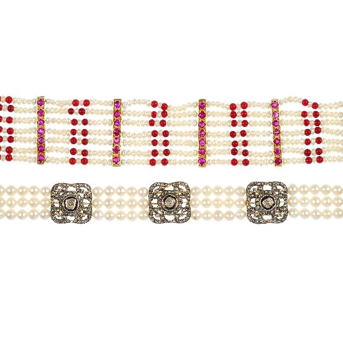Two cultured pearl and gem-set bracelets.: Two cultured pearl and gem-set bracelets, to include a rose-cut diamond openwork panel and cultured pearl three-row bracelet, together with a synthetic ruby, coated red bead and cultured pearl seven-r