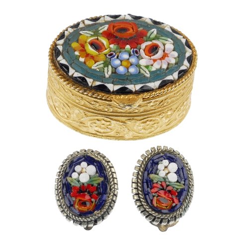 A selection of micro mosaic jewellery. (10).: A selection of micro mosaic jewellery, to include eight brooches, a pill box and a pair of ear clips, all of floral design. (10) One stamped Italy. Lengths 3.8 to 1.8cms.