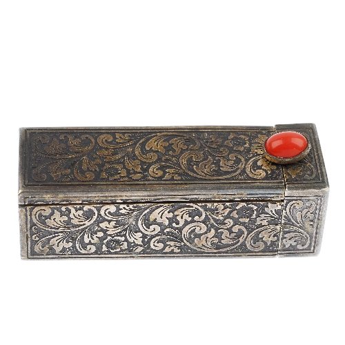 A selection of late 19th to early 20th century silver: A selection of late 19th to early 20th century silver and white metal novelties, to include a scroll embossed lipstick holder, an Edwardian scrolling buckle and three buttons. (6) Buckle with hallmark