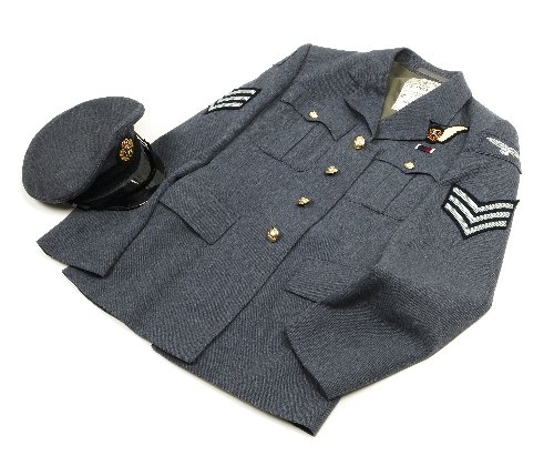 An RAF jacket and cap.: An RAF jacket and cap, the jacket with triple chevron badges to each arm and winged engineer's badge, the cap with stitched RAF badge and strengthened peak. Interior label reads H. Edgard & Sons Ltd. 