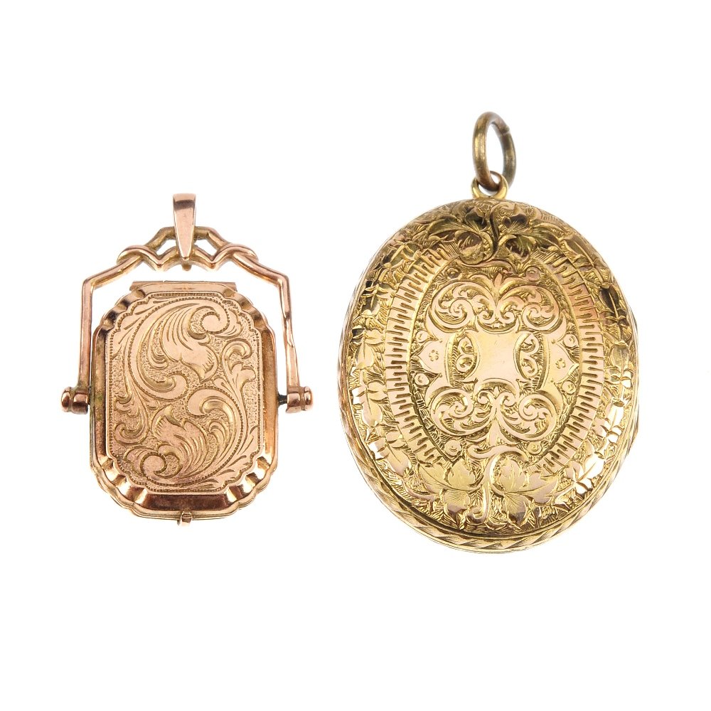 Two lockets.: Two lockets. To include an early 20th century 12ct gold oval-shape floral engraved locket, together with a 9ct gold rectangular-shape foliate engraved swivel locket. Second with hallmarks for Birmingh