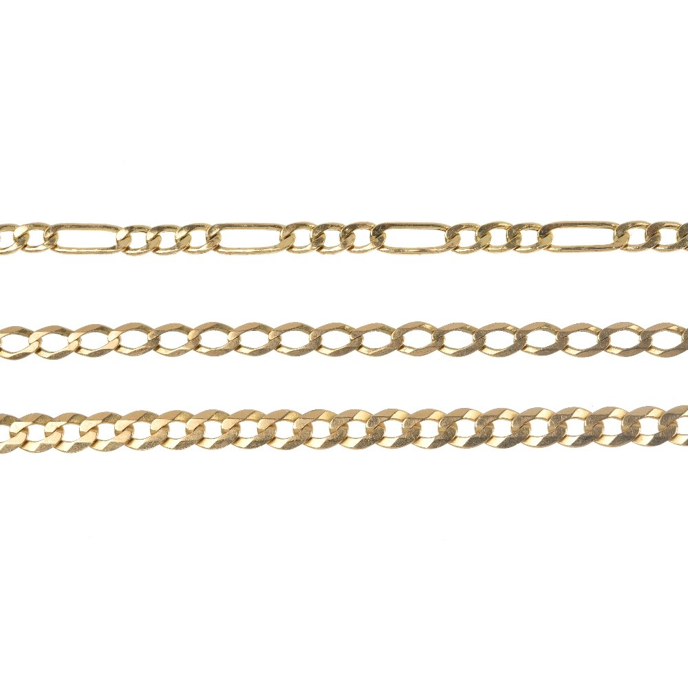 A bracelet and three necklaces.: A selection of three bracelets and a chain. To include two flat curb-link bracelets, one fancy curb-link bracelet and a 9ct gold fancy-link chain. Chain with hallmarks for Birmingham. Length of bracel
