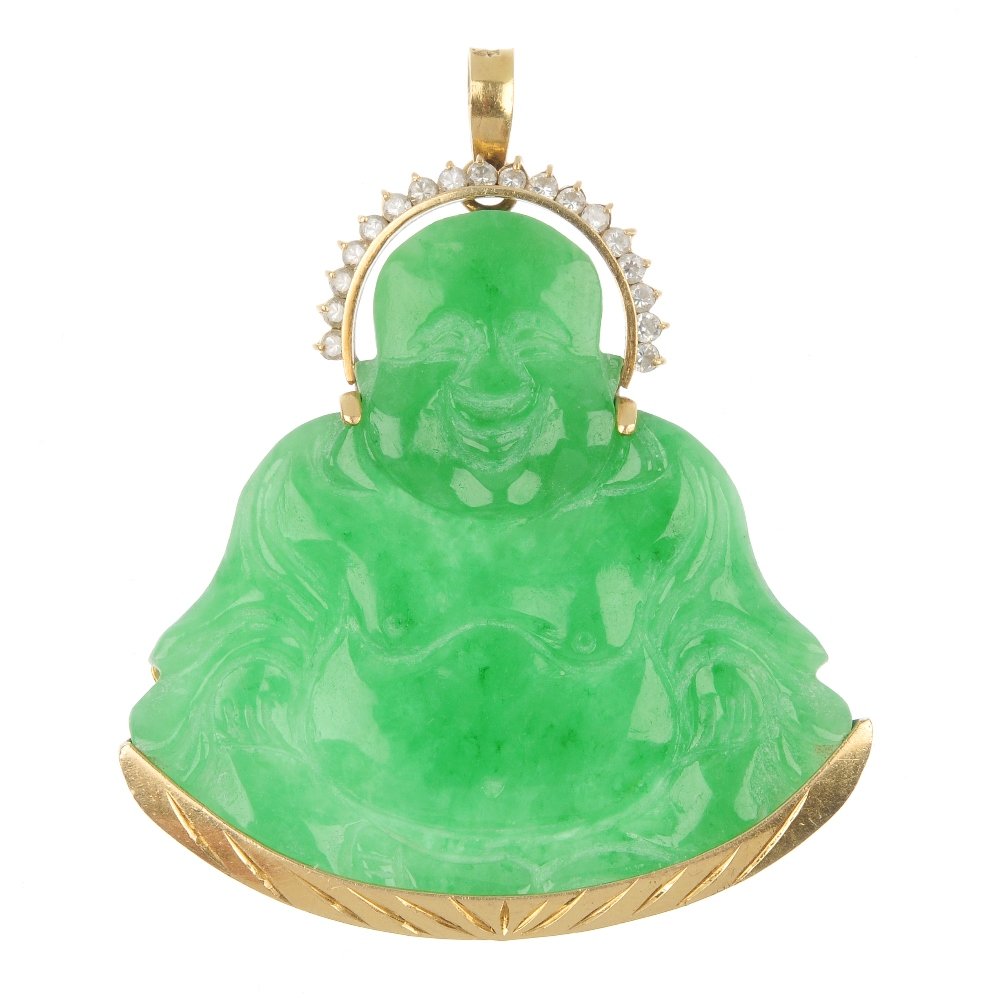 A dyed jadeite and paste Buddha pendant.: A dyed jadeite and paste Buddha pendant. The carved dyed jadeite Buddha, to the colourless paste surmount. Length 5.9cms. Weight 28gms.