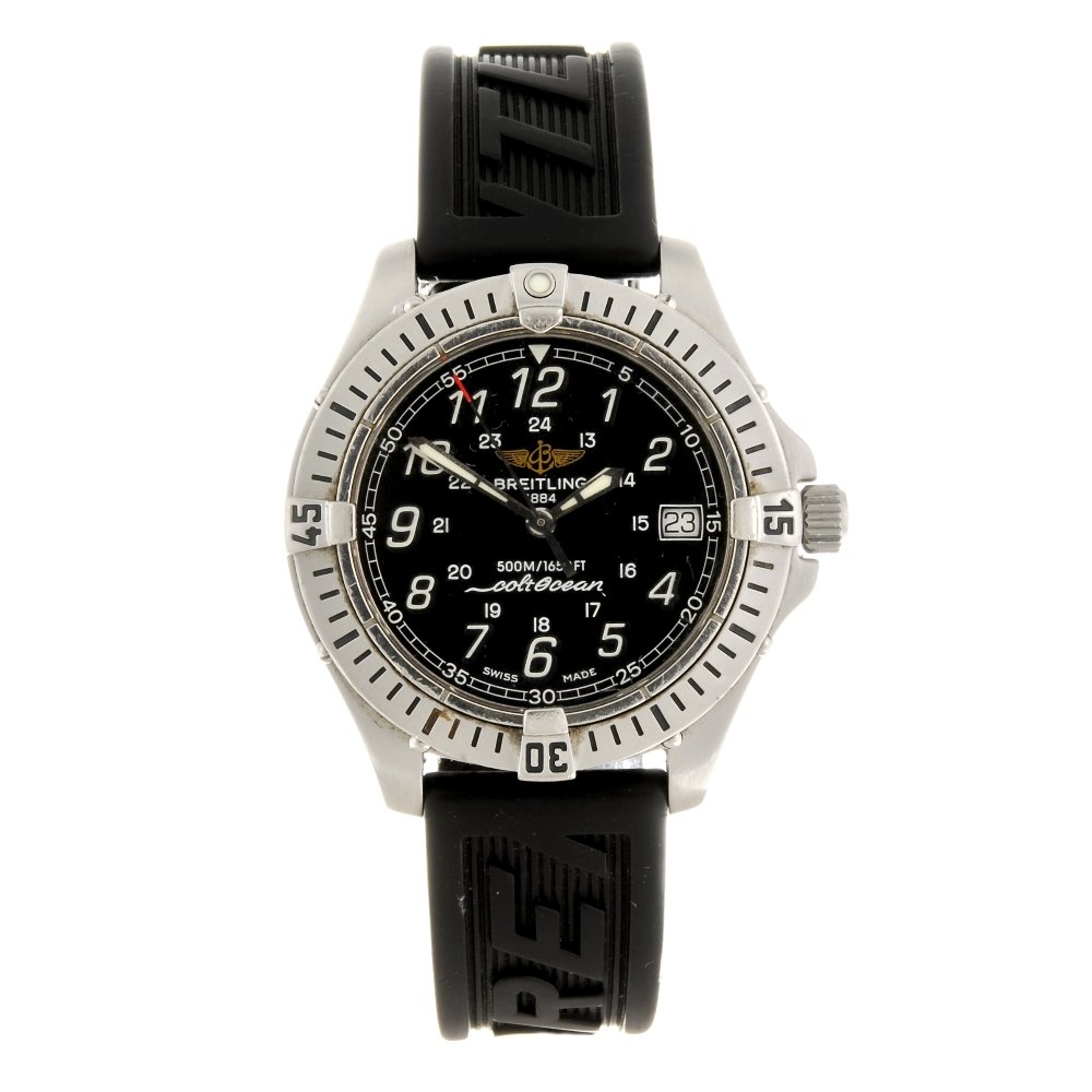 A stainless steel quartz gentleman's Breitling Colt: BREITLING - a stainless steel quartz gentleman's Colt Ocean wrist watch, the black dial with hourly applied luminous Arabic numerals, inner twenty-four hour divisions, date aperture set to three o'clo