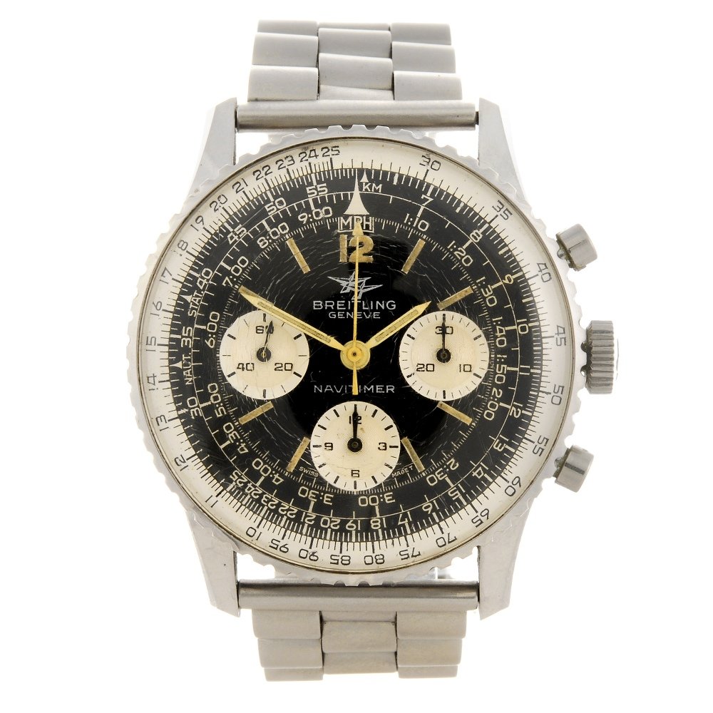 A stainless steel manual wind chronograph gentleman's: BREITLING - a stainless steel manual wind chronograph gentleman's Navitimer bracelet watch, reference 806, the black dial with hourly applied luminous markers, Arabic twelve, subsidiary silvered recor