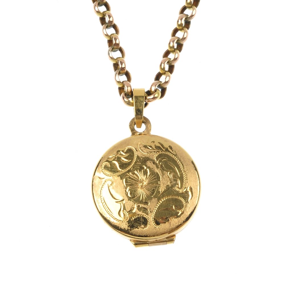 A 9ct gold locket and a pair of ear pendants.: A 9ct gold locket and a pair of ear pendants. To include a circular-shape locket, with scroll engraved decoration, suspended from an early 20th century 9ct gold belcher-link chain and a pair of star d