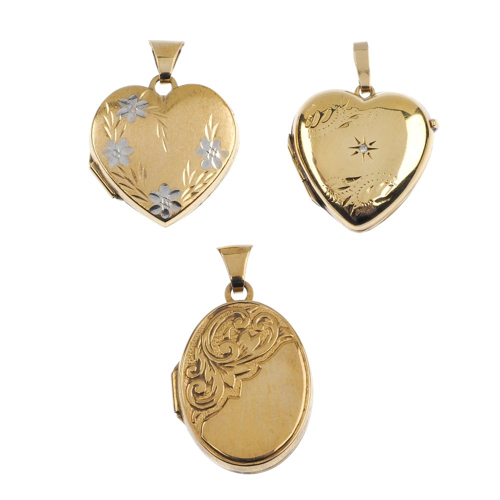 A selection of five 9ct gold lockets with 9ct gold: A selection of five 9ct gold lockets with 9ct gold chain. To include four heart-shape lockets of plain and engraved styles, one with a single-cut diamond, one half engraved oval-shape locket and one b