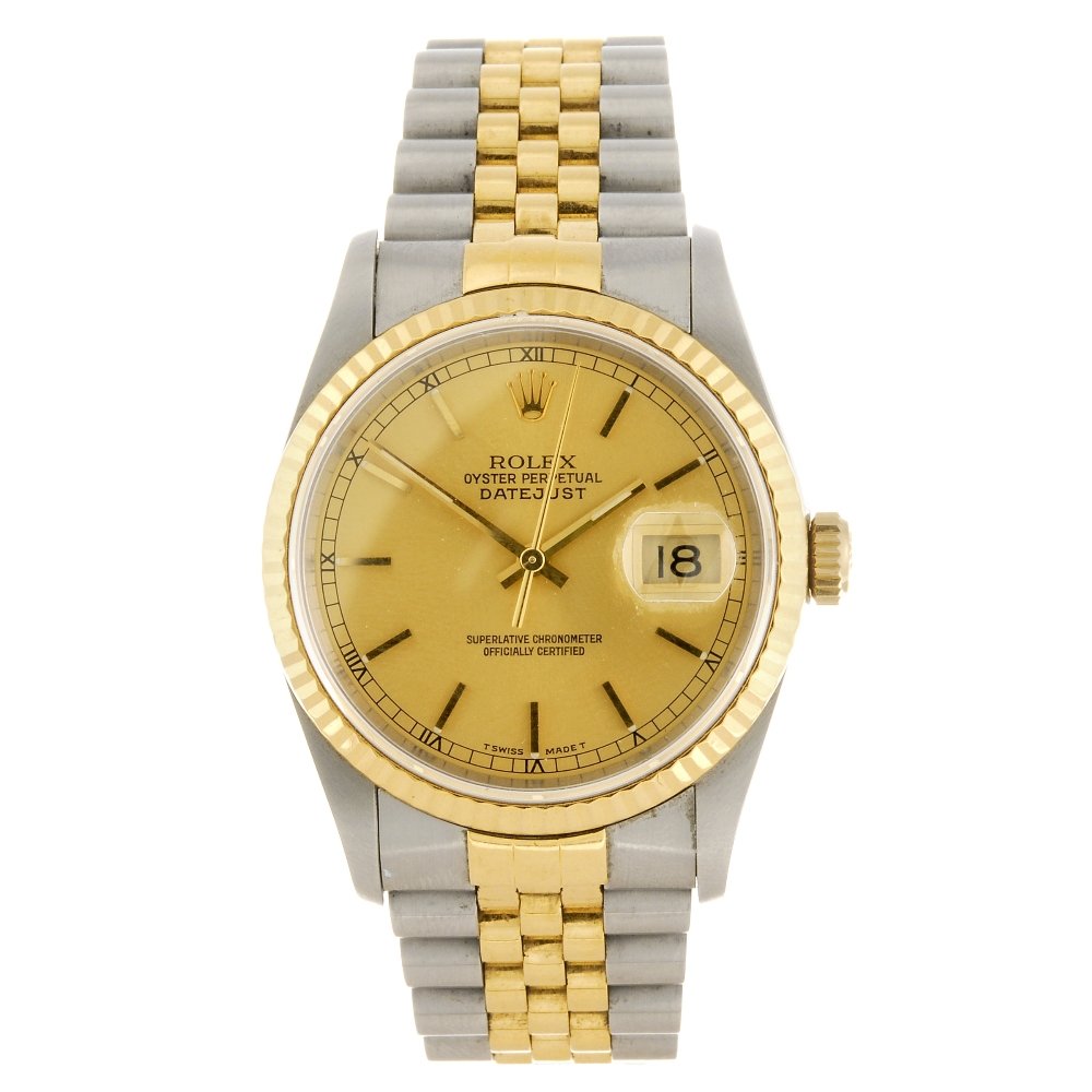 A bi-metal automatic gentleman's Rolex Datejust: ROLEX - a bi-metal automatic gentleman's Oyster Perpetual Datejust bracelet watch, the champagne tone sunburst effect dial with hourly applied batons, date aperture set to three o'clock, bordered by a