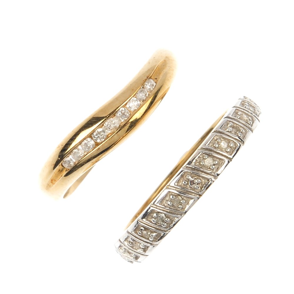 A selection of 9ct gold diamond jewellery.: A selection of 9ct gold diamond jewellery. To include a brilliant-cut diamond floral cluster pendant, an illusion-set diamond full-circle eternity ring and a curved band ring with brilliant-cut diamon