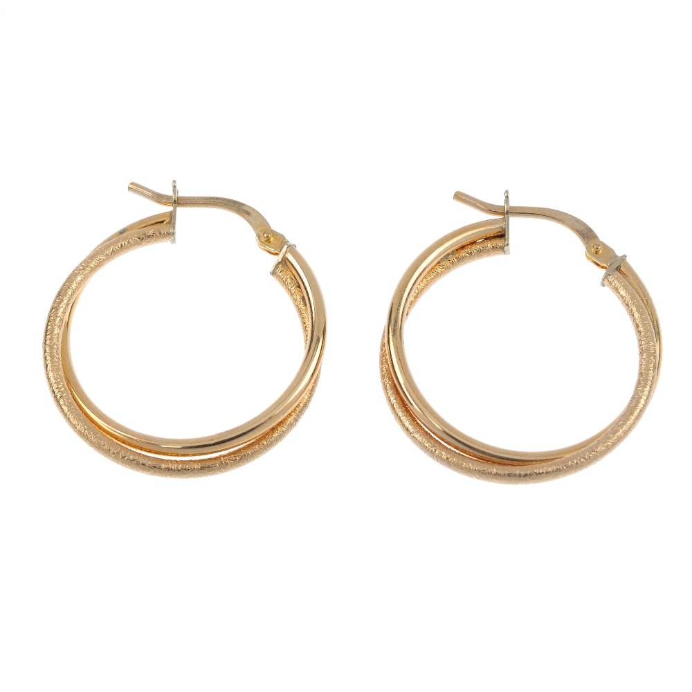 Five pairs of earrings.: * A selection of five pairs of earrings. To include a pair of 9ct gold colourless paste ear hoops, a pair of textured double ear hoops, a pair of plain ear hoops, together with two further pairs. One