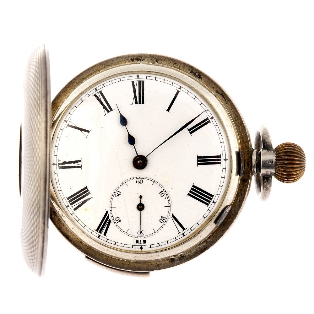 A continental metal keyless wind half hunter repeater p: A continental metal keyless wind half hunter repeater pocket watch, the white dial with hourly applied Roman numeral markers, subsidiary seconds dial to six o'clock, the round case with Roman chapter 