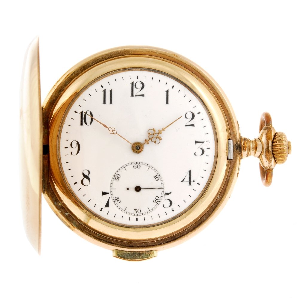 A gold plated keyless wind full hunter quarter repeater: A gold plated keyless wind full hunter quarter repeater, the white enamel dial with hourly applied black Arabic numeral markers, subsidiary seconds dial to six o'clock, the round case, with monogramme
