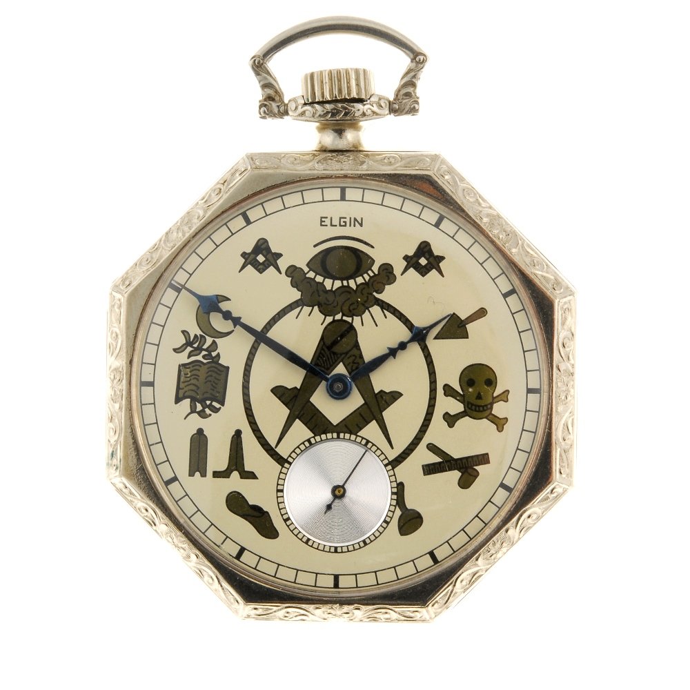 An Elgin Masonic pocket watch.: A white metal keyless wind open face Masonic pocket watch, the cream dial signed Elgin with Masonic detail, subsidiary seconds dial set to six o'clock, octagonal shaped case, signed movement with a cl