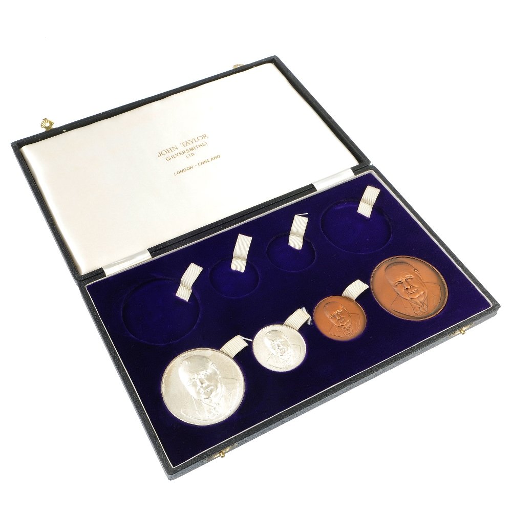 Silver 1887 Specimen set &Churchill silver medallions.: Victoria, composite Jubilee currency set 1887, silver Crown to Threepence, in later case from BA Seaby with spaces for gold coins; Sir Winston Churchill, Memorial medals 1965 (4), by John Taylor Ltd,