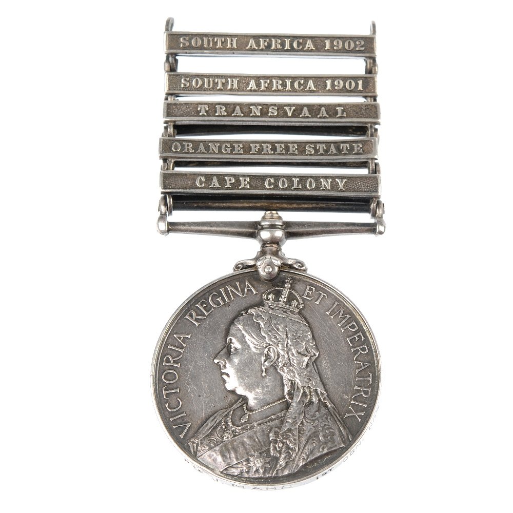 Queen's South Africa Medal, five clasps.: Queen's South Africa Medal, five clasps Cape Colony, Orange Free State, Transvaal, South Africa 1901, South Africa 1902, renamed to '4065 Pte J. Mann. 1st Dgn. Gds.'. Unit correctly impressed, name en