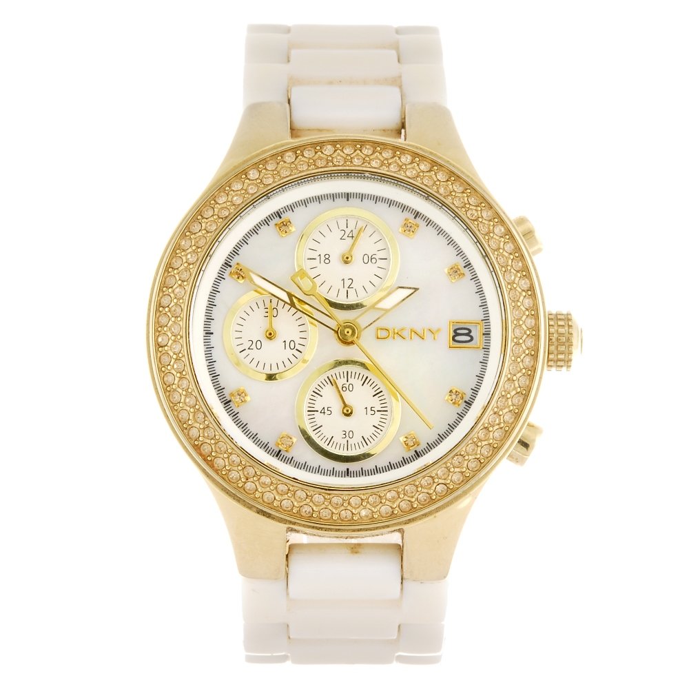 (952001851) A gold plated quartz chronograph DKNY: (952001851) A gold plated quartz chronograph DKNY bracelet watch, the mother-of-pearl dial with hourly applied white stone markers, date aperture to three o'clock, subsidiary recorder dials to six, ni