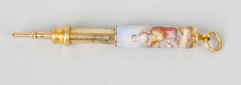 A Samson Mordan & Co. gilt metal and enamel retractable: A Samson Mordan & Co. gilt metal and enamel retractable pencil, the barrel decorated with a hand painted scene of a female farmer with lamb and chickens, the terminal stamped 'S. Mordan & Co.' 1.6" (4