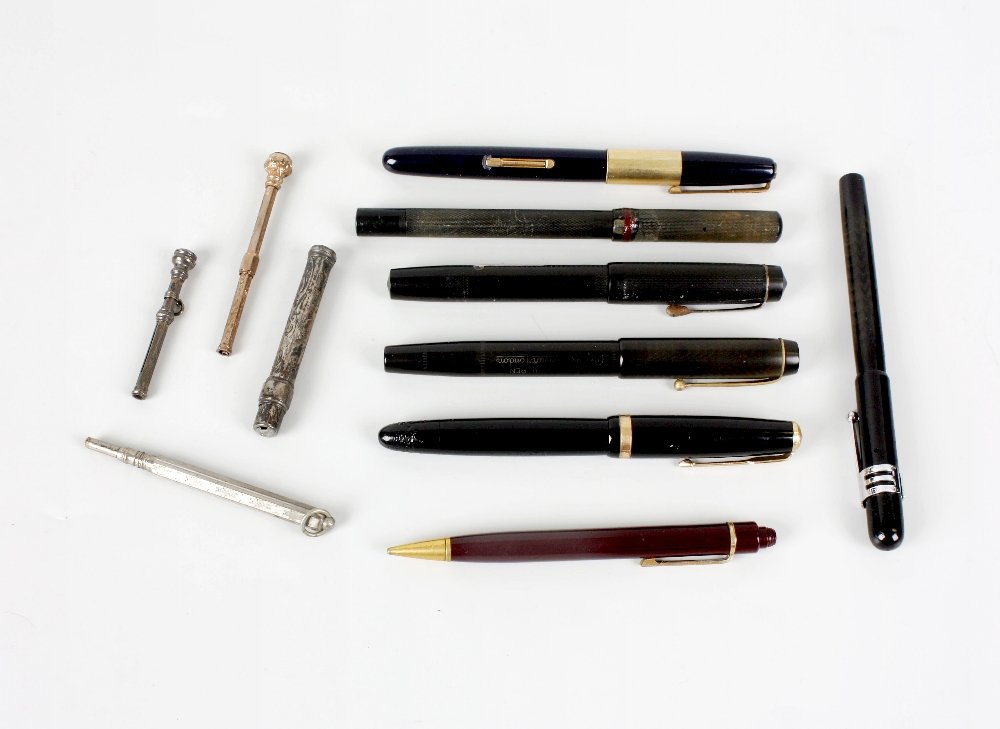 A collection of assorted pens: A collection of assorted pens, to include a 9ct gold retractable pencil of foliage engraved hexagonal form with carnelian seal terminal, a smaller silver example, and various by Parker, Swan, Conway S