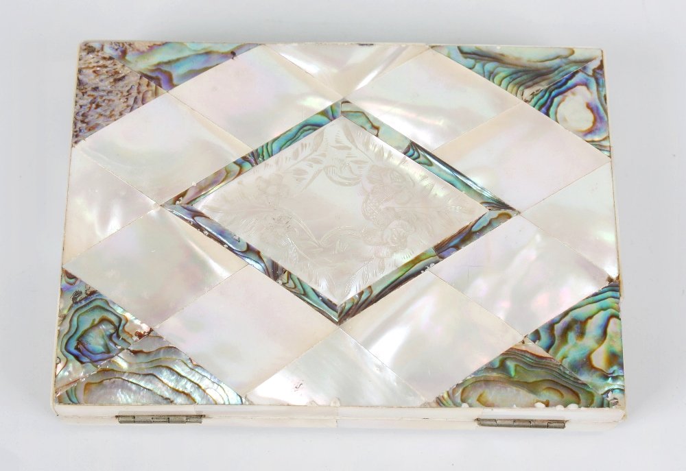 A Victorian mother of pearl and abalone shell card case: A Victorian mother of pearl and abalone shell card case, the slightly bulging rectangular body inlaid with carved lozenges, enclosing twelve card compartments, 4.25" x 3", (11cm x 7.5cm).