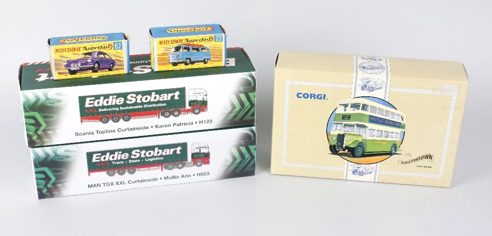 A box containing a selection of die cast model vehicles: A box containing a selection of die cast model vehicles, to include Corgi Classics Guy Arab Bus 'Southdown', five Atlas die cast model 'Eddie Stobart' die cast lorries. two Matchbox 1-75 series die ca