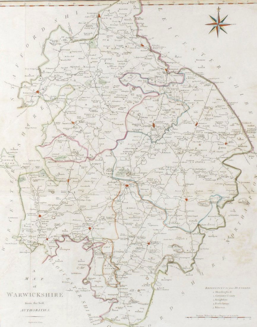A box containing assorted maps and prints: A box containing assorted maps and prints, to include Cary's Warwickshire, with hand coloured boundaries, 20.5" x 16" (52cm x 40cm), John Senex, The Road from London to Weymouth and the Roads form Wel