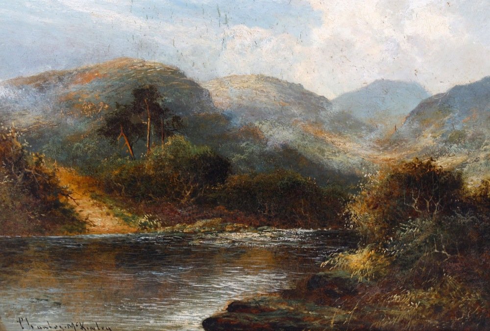 Charles McKinley, (early 20th century): Charles McKinley, (early 20th century)A pair of oil paintings, each depicting a river with mountains beyond, probably Scotland, one at sunset, signed 'Mckinley', the other fully signed, 10.5" x 15.25"