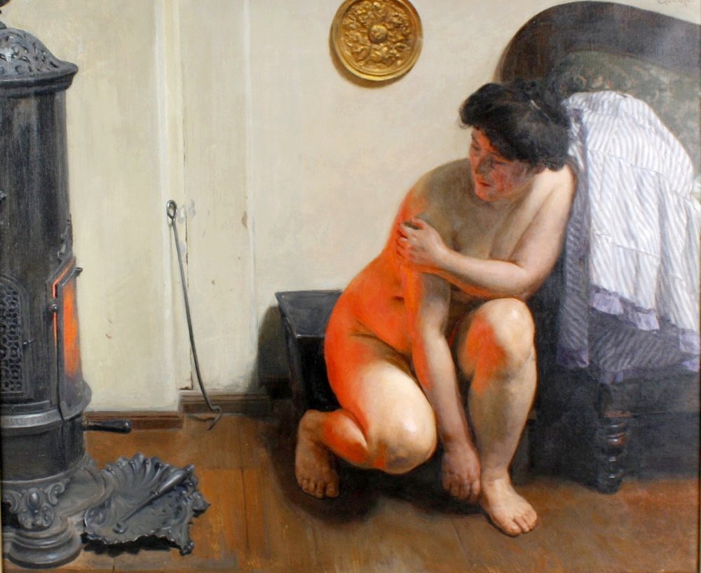 Franz Ferdinand Goethe, (1851-?): Franz Ferdinand Goethe, (1851-?) 'Feuerzauber' A young naked female crouching before a lit stove, beside a settee Oil on canvas Signed and dated 1911 upper right Inscribed 'Franz Goethe Berlin' to the
