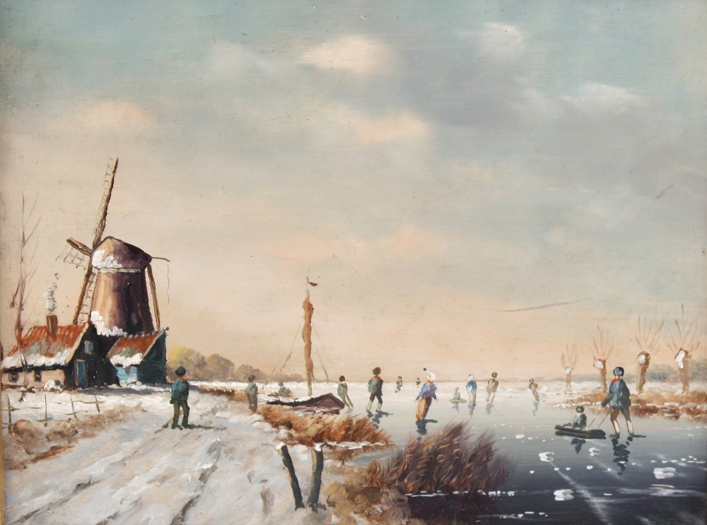 Dutch School, circa 1900: Dutch School, circa 1900 A winter scene with skaters and sledgers on the ice beside a windmill, oil on panel, unsigned, 7.5" x 9.75", (19cm x 24.5cm), in gilt frame.